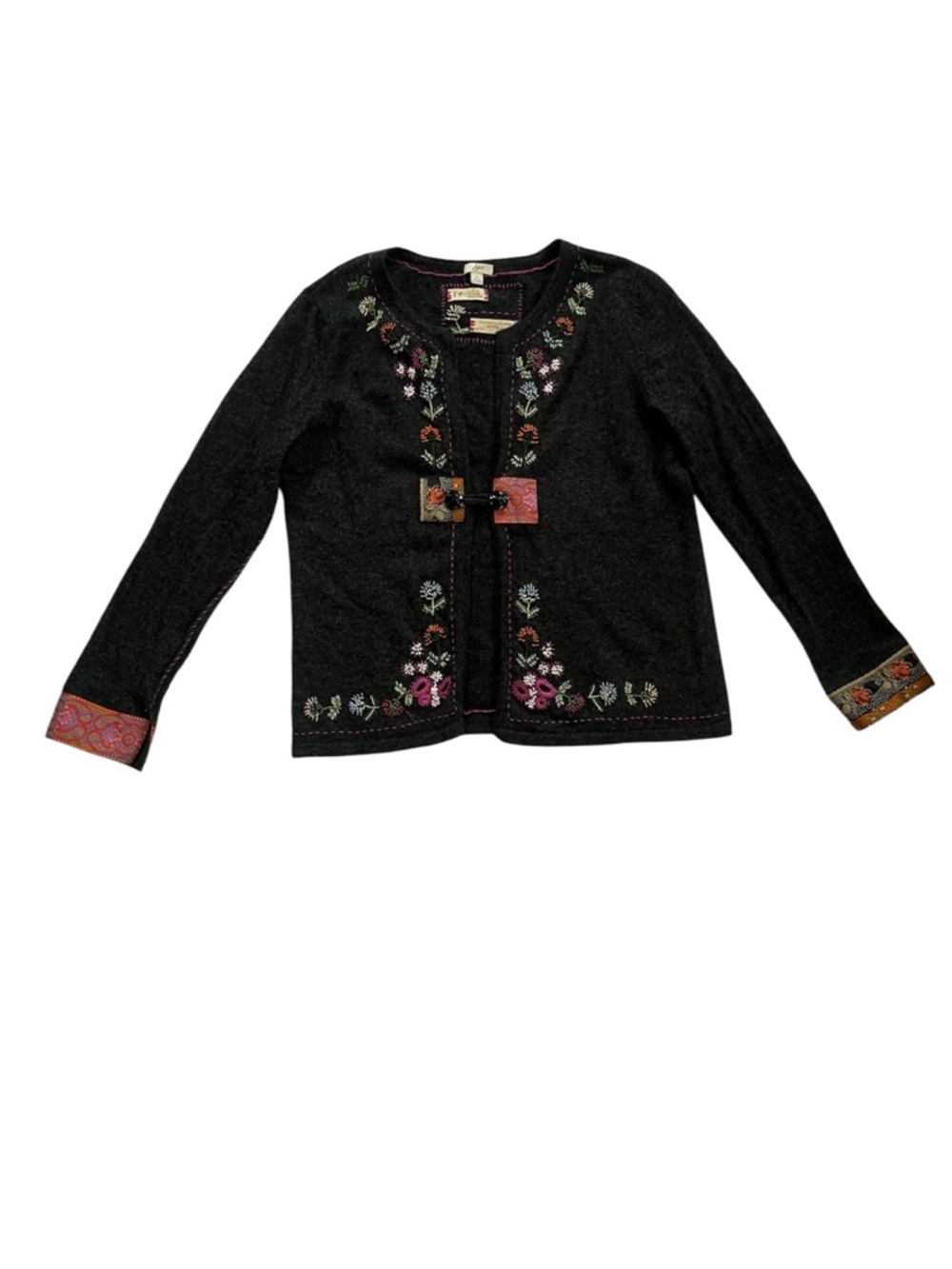J Jill Cardigan Sweater Limited Edition Re Crafted Embroidered Lambs Wool Large